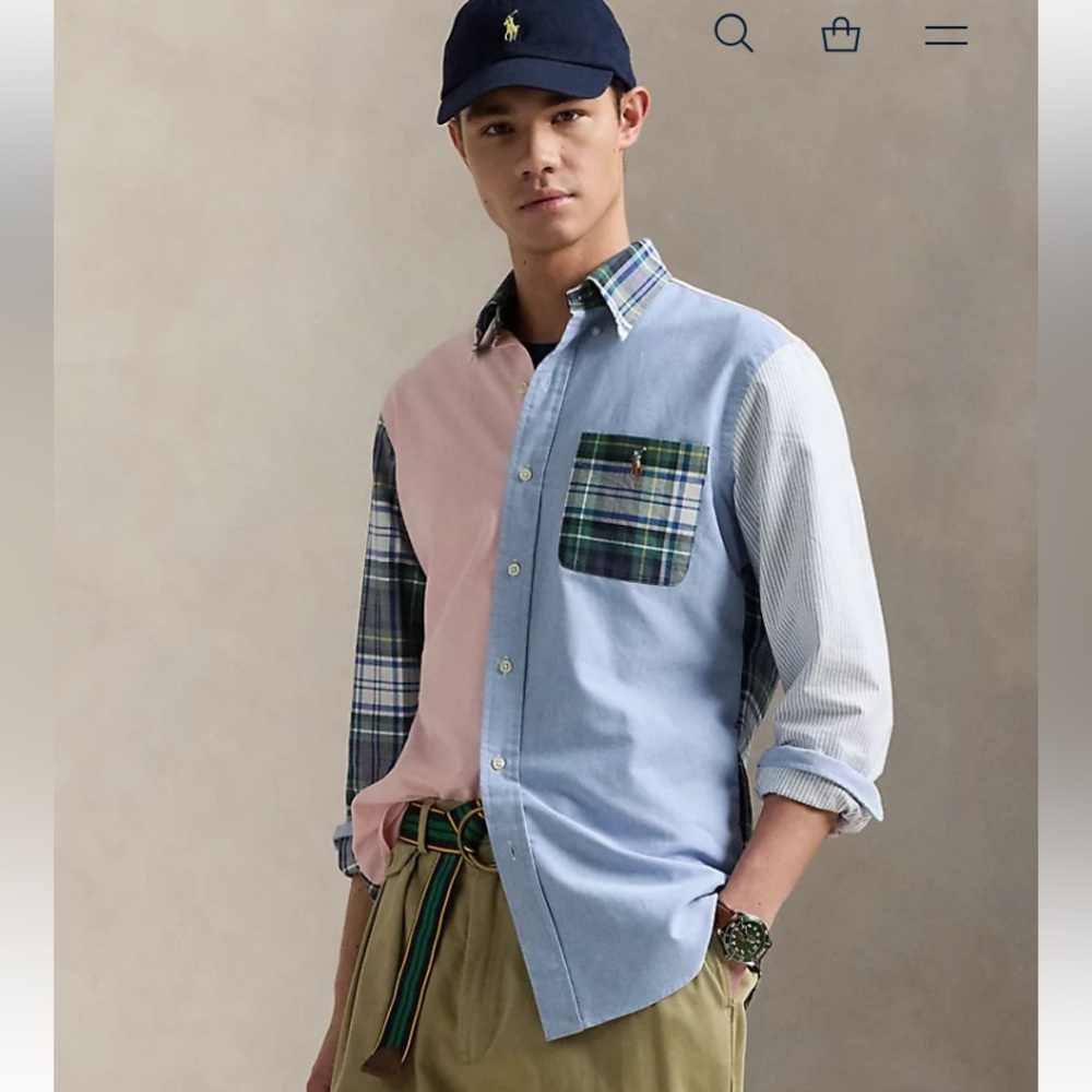 Ralph Lauren Oxford cloth shirt patchwork and plaid blue pink size XXL